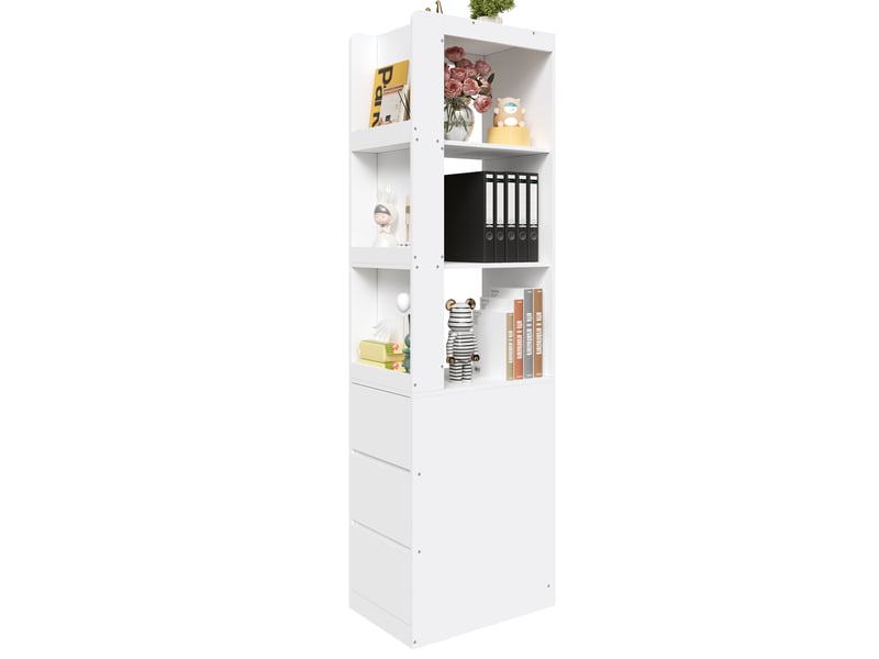  Bibliothèque vitrine étroite 60x40x200cm avec 3 niches ouvertes et 3 tiroirs, meuble de rangement haut réversible, anti-basculement, blanc OPULERANE TRADING LTD - Conforama A
