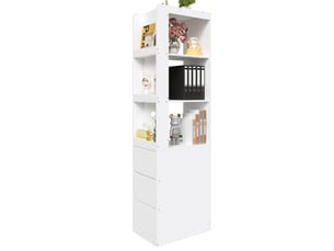 Bibliothèque vitrine étroite 60x40x200cm avec 3 niches ouvertes et 3 tiroirs, meuble de rangement haut réversible, anti-basculement, blanc