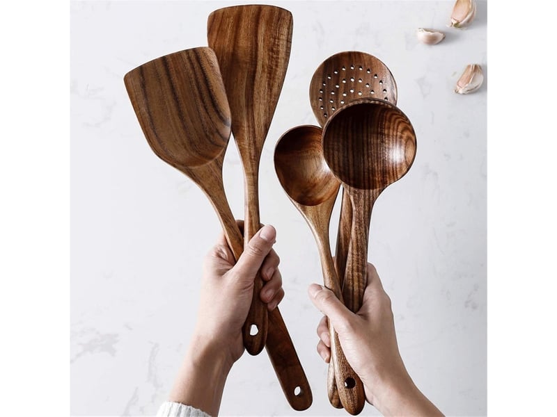  Set de 7 ustensiles de cuisine,meulva,33,5x15x15 cm,bois de teck,marron  - Conforama D