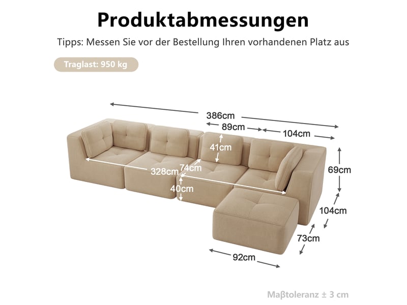  Canapé d'angle modulable 4 places en velours côtelé beige, sans structure rigide et assise profonde  - Conforama C