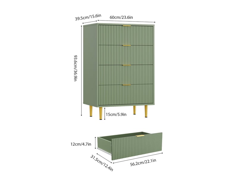 Commode moderne 4 tiroirs façade ondulée – rangement élégant, poignées et pieds dorés – pour chambre, salon ou entrée – vert avocat PHK_35LRSD3V - Conforama B