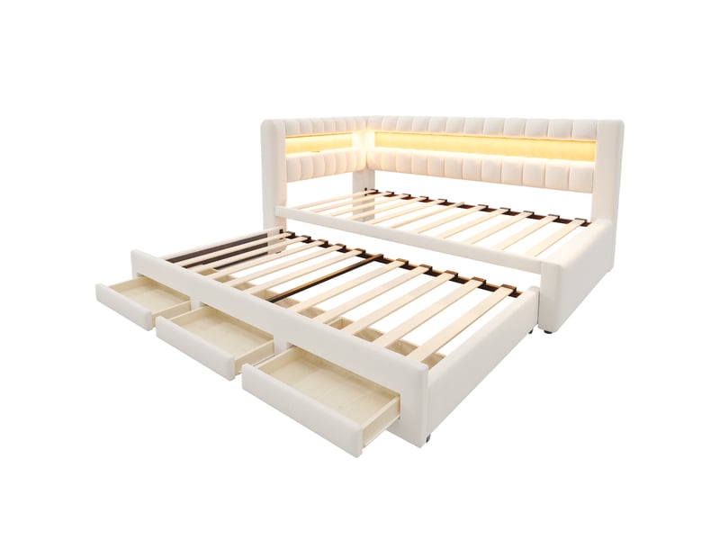  Lit gigogne 90x190 cm avec rangement, led et usb-c, velours beige, sans matelas  - Conforama R