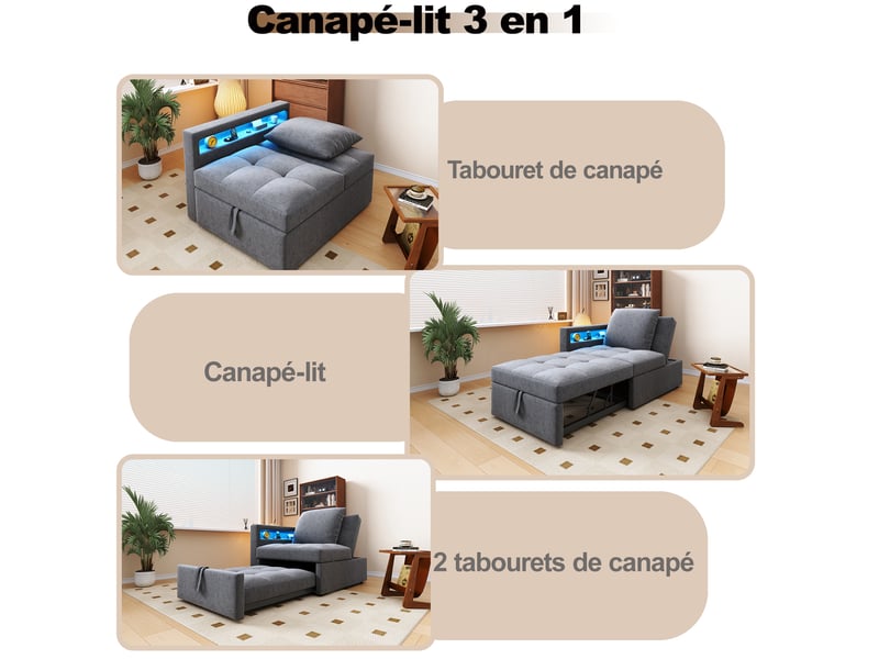  Canapé convertible, canapé-lit : dossier réglable, éclairage led, port usb, avec accoudoirs  - Conforama W