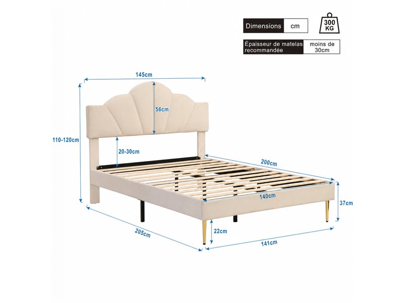  Lit adulte 140x200 cm rembourré en velours beige avec tête de lit réglable  - Conforama W