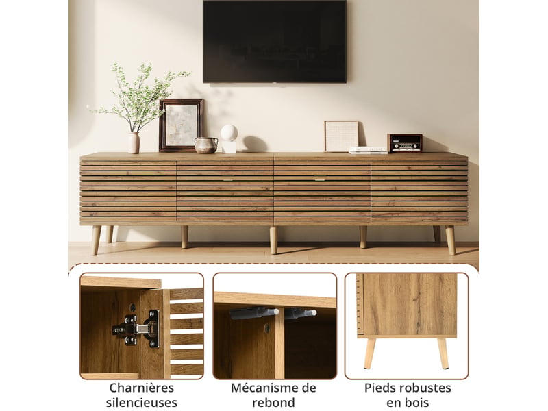  Meuble tv 180 cm pour écran jusqu’à 75 pouces, 4 portes ajourées push-to-open, 6 compartiments, passe-câbles, fermeture douce, effet bois naturel  - Conforama E