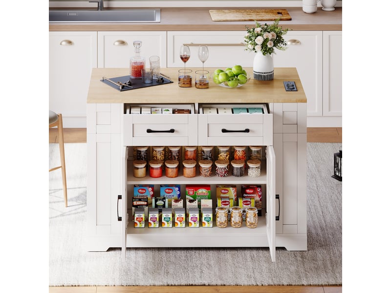  Îlot de cuisine mobile avec table rabattable, prises et rangements, 120 cm, blanc et bois naturel  - Conforama D