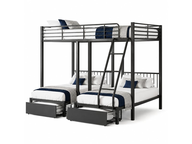  Lit superposé triple 246x206x177,8 cm avec tiroirs en métal noir  - Conforama A