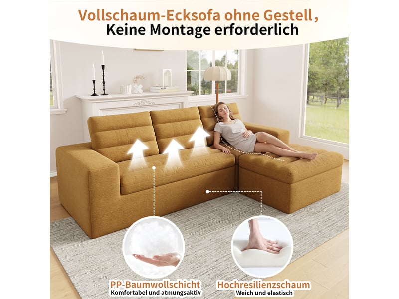  Canapé d'angle modulable en l, tissu chenille orange avec pouf, design nuage sans structure pour salon &amp; grand appartement - 4 places  - Conforama B