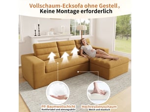 Canapé d'angle modulable en l, tissu chenille orange avec pouf, design nuage sans structure pour salon & grand appartement - 4 places