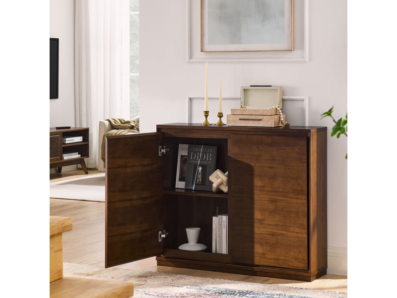  Buffet étroit 99x23,5 cm avec 2 portes, grand rangement et 2 ouvertures pour prises murales, mdf, style mid-century, effet noyer  - Conforama D