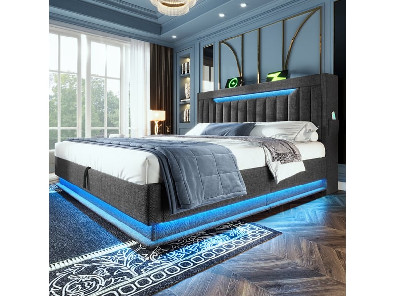 Lit double rembourré 180x200 cm avec led en tête et au pied, lit coffre hydraulique avec tête à niches, 3 ports usb, usb-c, sans matelas, lin, gris Seren Glow - Conforama D