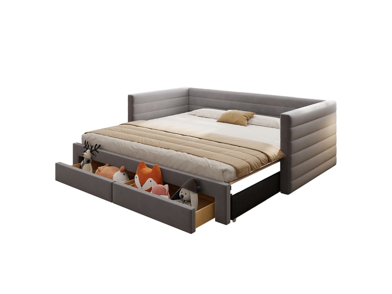  Canapé-lit convertible 3-en-1 90/180x190 cm avec 2 tiroirs, tissu coton-lin gris, sans matelas  - Conforama A