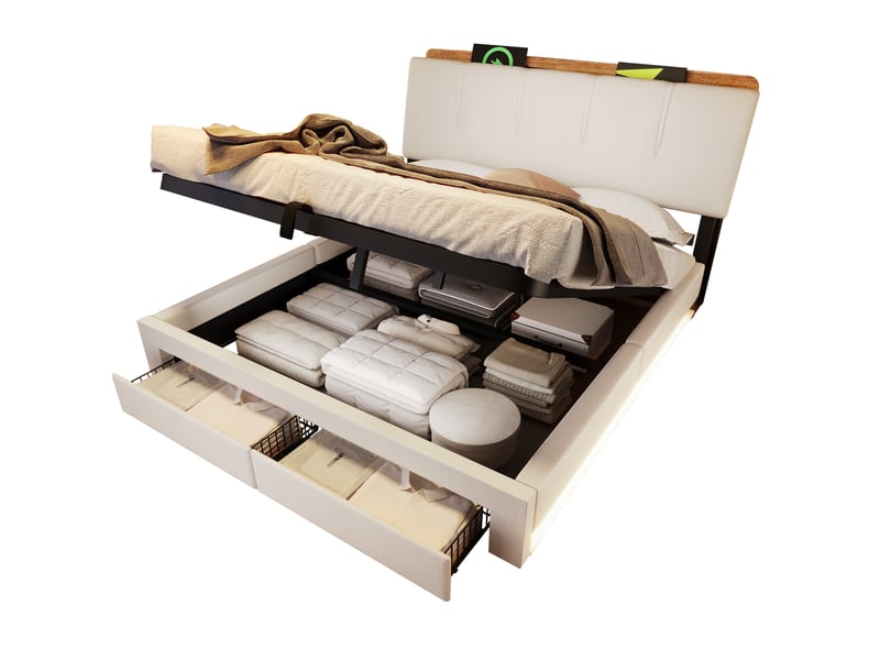  Lit coffre 140x200 cm en lin beige avec led, usb et type-c  - Conforama A