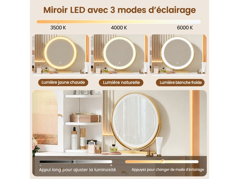  Coiffeuse blanche avec miroir lumineux led, plateau extensible, 3 tiroirs et rangements vitrés, 121,5 x 40 x 135,2 cm  - Conforama E