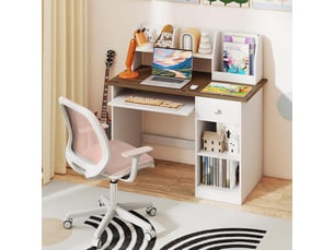 3 en 1 bureau enfant avec rangement, avec 1 tiroir 2 étagères, table enfant en bois avec plateau à clavier, 90x45x90cm (naturel)