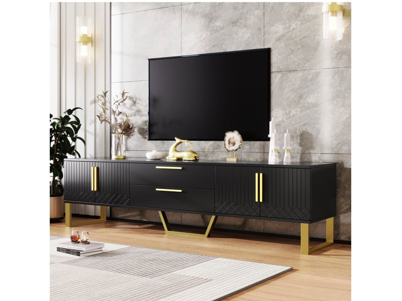  Meuble tv laqué haute brillance 170x40x53.5 cm, au design sculpté avec poignées et pieds dorés, structure mdf, noir  - Conforama B