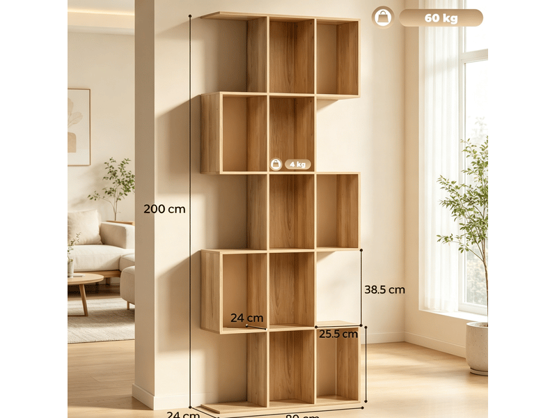Bibliothèque 5 niveaux 80x24x200 cm – chêne – forme s avec 15 niches ouvertes, gain de place - Conforama C