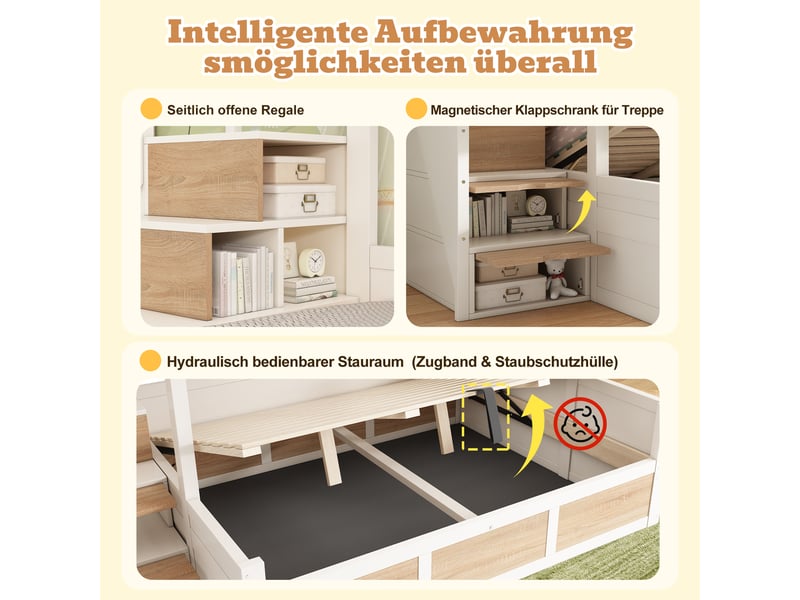  Lit superposé 90x200 et 140x200 cm avec armoire-escalier, blanc, lit enfant avec rangement hydraulique et barrières de sécurité  - Conforama R