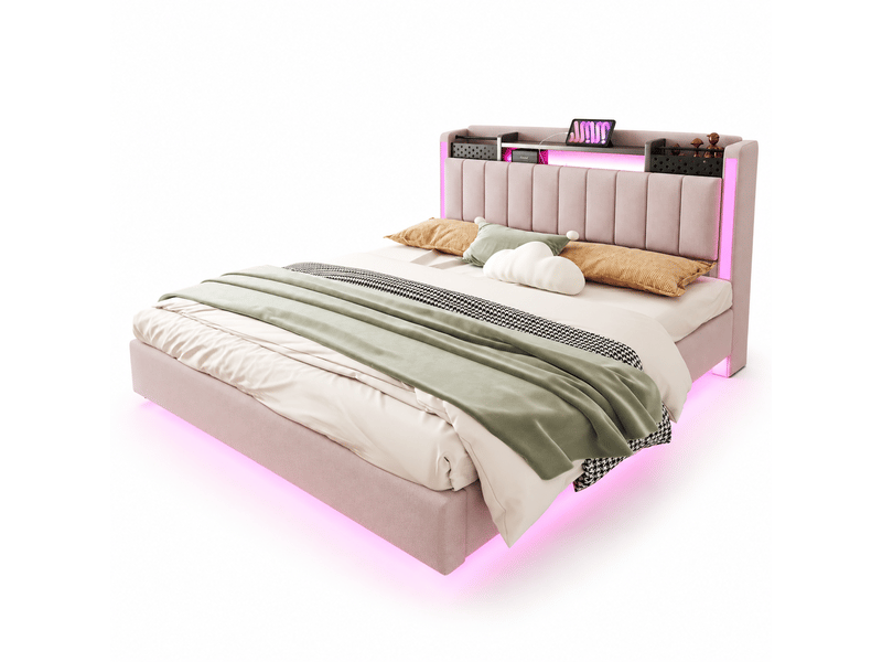  Lit double 160 × 200 cm en lin beige, tête de lit avec rangement, led, usb et effet flottant Fay Lum - Conforama A