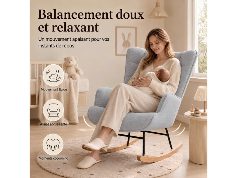 Kefsr fauteuil à bascule teddy gris clair avec dossier carreauté, rocking chair moderne en polaire douce, structure métal robuste et patins bois, fauteuil relax pour salon chambre lecture, 75x68x92cm - Conforama E