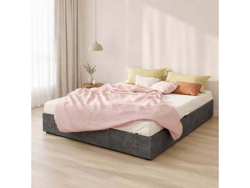  Lit coffre 160x200 cm gris en tissu velours, relevage hydraulique, sans tête de lit  - Conforama B