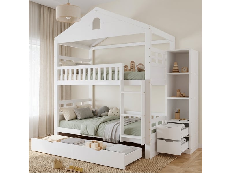  Lit superposé enfant 90x200 cm en forme de maison avec échelle, 2 tiroirs de rangement, armoire latérale et garde-corps - blanc  - Conforama E