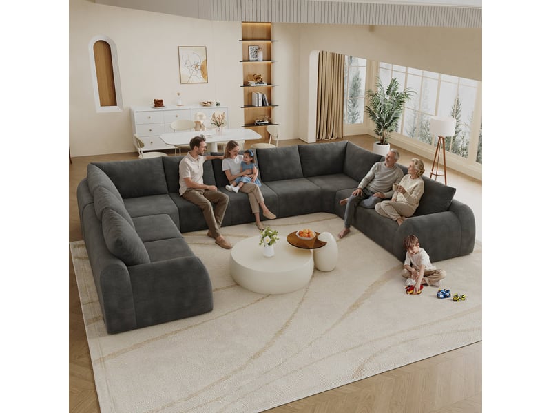 Canapé d’angle 9 places en forme u, canapé à compression de mousse, sans montage, chenille, gris foncé, 411x267x85 cm - Conforama E