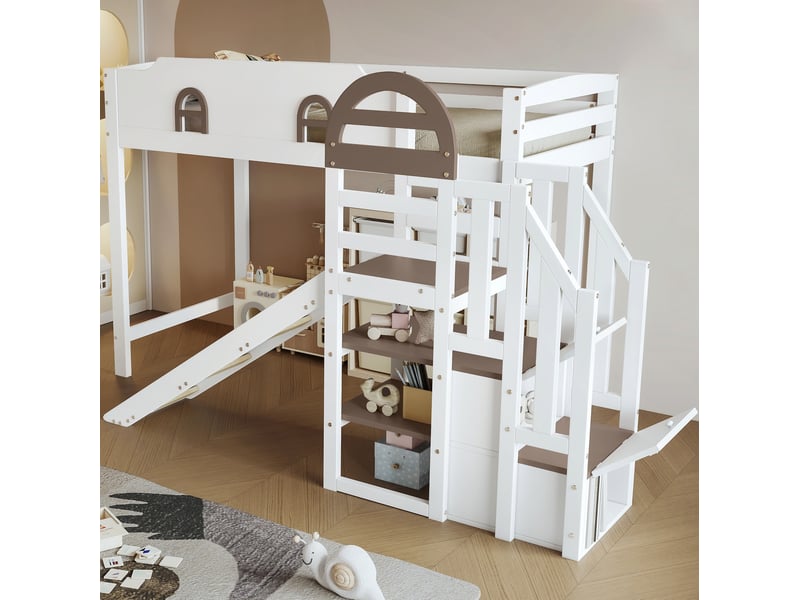 Modenvie lit superposé enfant 90x200 cm - avec toboggan, escalier avec 2 rangements, sans matelas - blanc - Conforama E