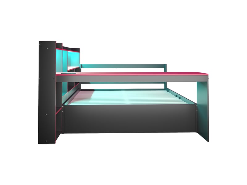  Canapé-lit 140x200 cm avec led et prises électriques, lit double avec bureau et tiroirs, coloris noir et rouge, lit 2 personnes  - Conforama B