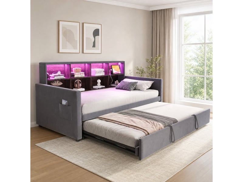  Lit gigogne 90x190 cm avec éclairage led et prises en velours  - Conforama D