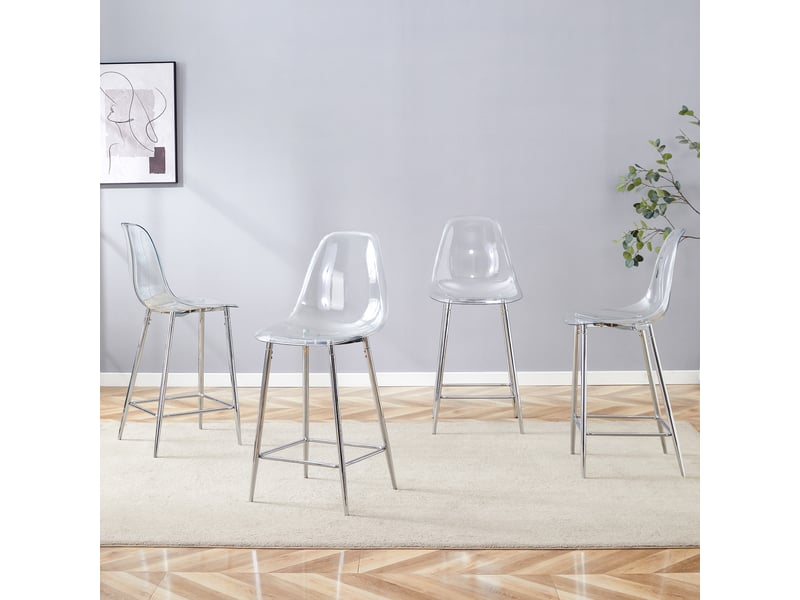  Lot de 4 tabourets de bar transparent et argenté 43x101,6 cm - chaises hautes de cuisine style moderne avec coque en acrylique  - Conforama E