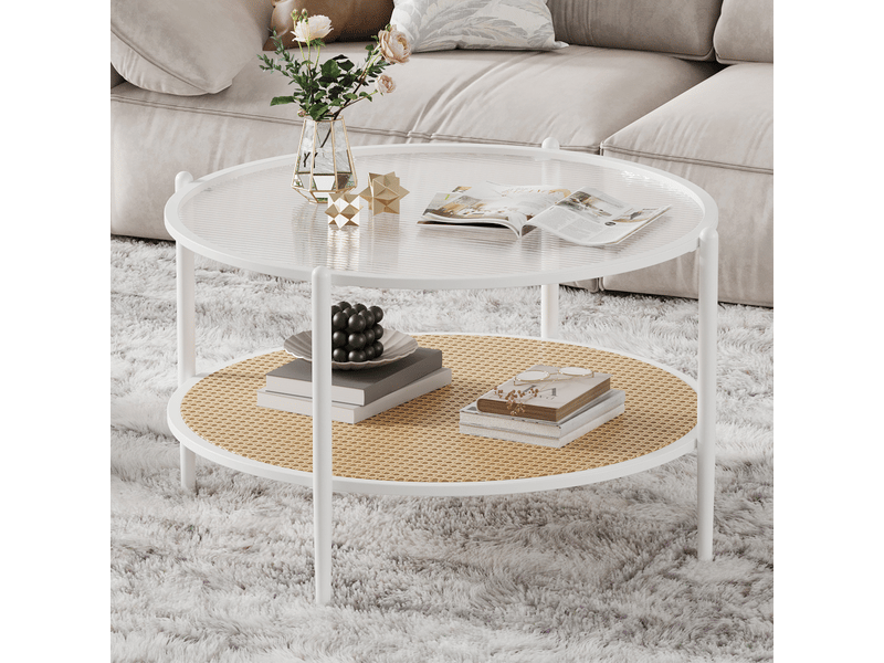  Table basse bohème moderne 2 niveaux rotin, plateau verre trempé ondulé, cadre métal robuste, étagère rangement salon bureau ,blanc PHK_346T83PK - Conforama D