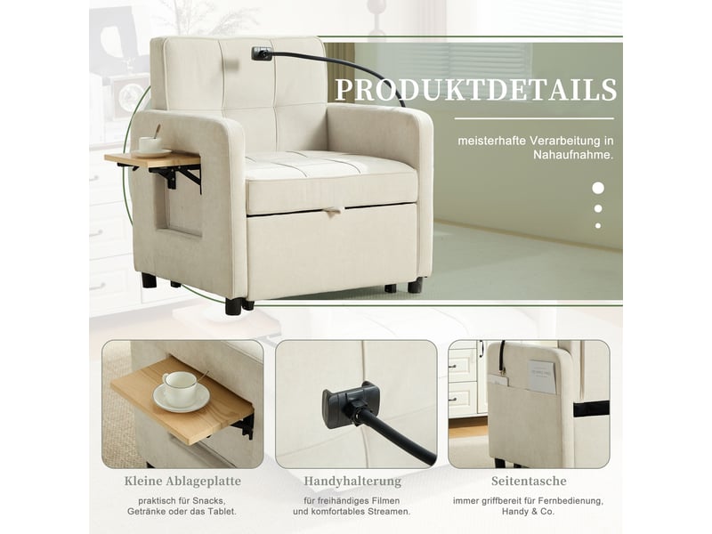 Fauteuil lit convertible 1 place 167 cm-dossier réglable 5 positions avec rangement et tablette-chenille beige - Conforama D