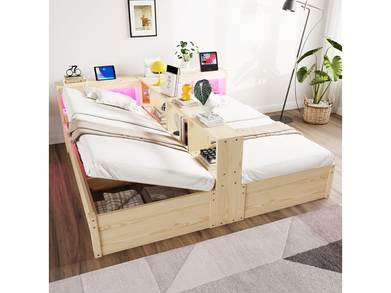  Lit coffre convertible 90x200 cm 180x200 cm avec rangement prise euro led mécanisme hydraulique bois couleur bois  - Conforama B