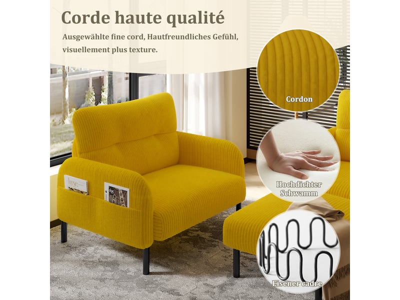  Ensemble 3 pièces velours jaune – canapé 2 places et 3 places + pouf – coussins inclus – poches latérales – idéal pour salon, bureau et chambre  - Conforama R