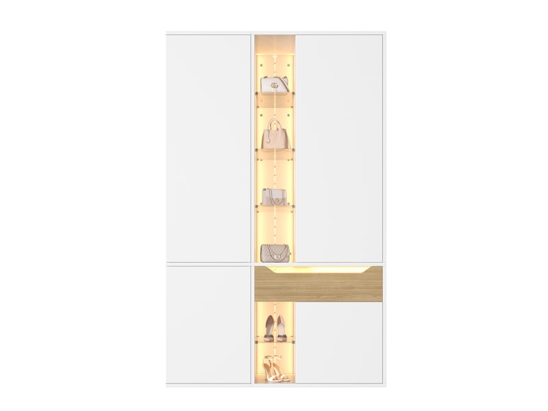 Armoire dressing 122x50x200 cm - 1 tiroir - 12 compartiments - vitrine - 2 led - tringle - panneaux - blanc CozyNest - Conforama A