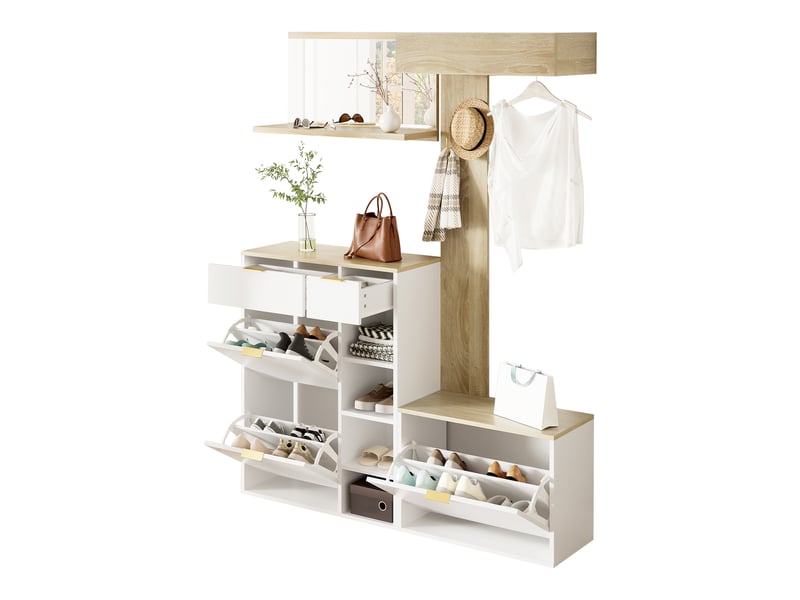  Meuble d'entrée vestiaire 4 pièces avec miroir et banc blanc naturel 130x30x174 cm  - Conforama B