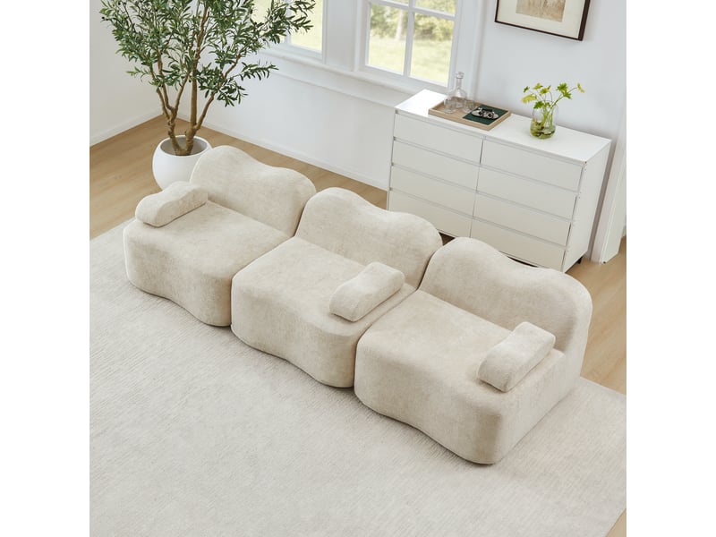 Canapé modulaire 3 places avec assise profonde et coussin d’accoudoir, en velours beige - Conforama D