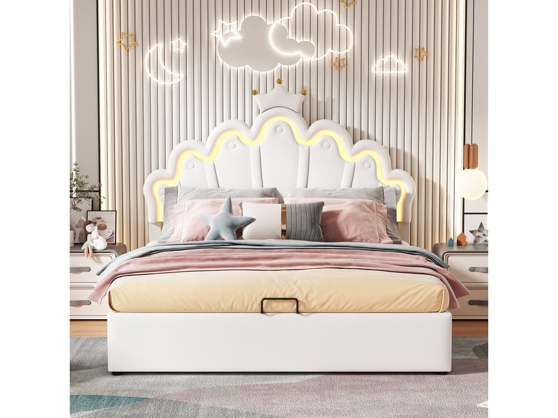  Lit coffre 140x200 cm avec éclairage réglable, mdf et polyuréthane (pu), blanc, sans matelas  - Conforama D