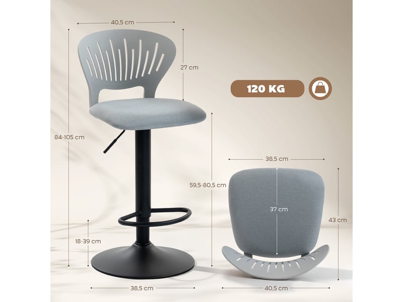  Lot de 2 tabourets de bar pivotants à 360°, hauteur réglable de 84 à 105 cm, dossier creux, repose-pieds, gris  - Conforama E