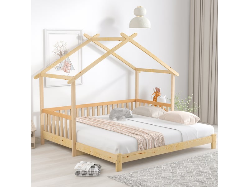  Lit cabane enfant 200 × 90 et 200 × 180 cm 1 à 2 places avec barrière, extensible, sans matelas, pin naturel  - Conforama B