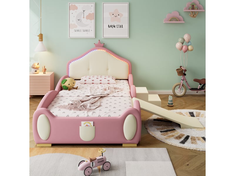  Lit enfant avec toboggan et escalier 90x200 cm simili cuir rose et beige couronne led et sommier  - Conforama C