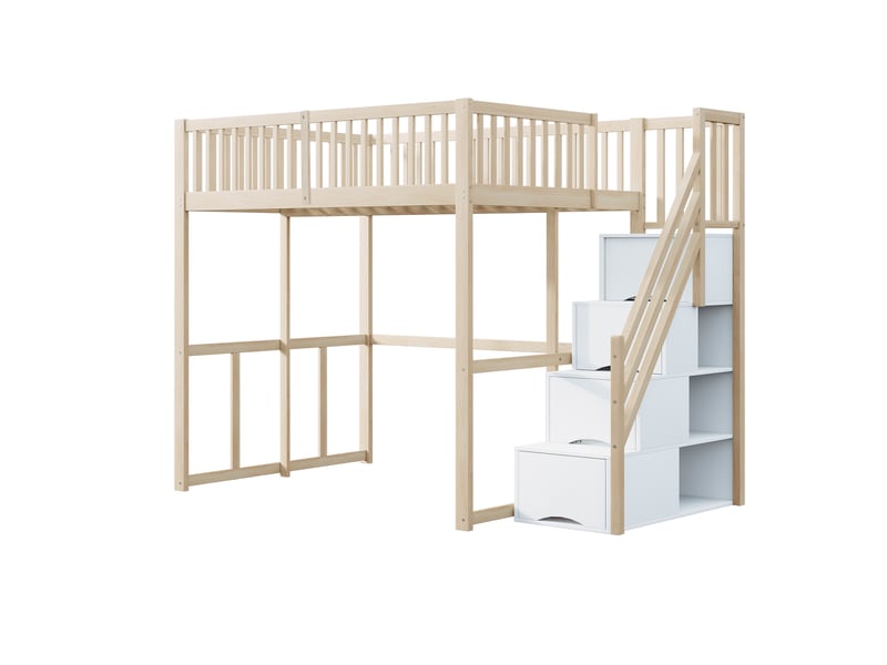  Lit mezzanine 140x200 cm en pin naturel, échelle avec rangement et barrières de sécurité  - Conforama D