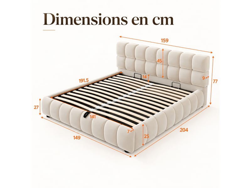  Lit coffre capitonné 140x190 cm beige en velours, rangement hydraulique et tête de lit rembourrée, sans matelas  - Conforama C