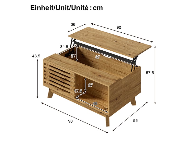 Table basse relevable 90 x 55 x 57,5 cm – naturel – plateau modulable et rangement intégré – style rétro - Conforama C