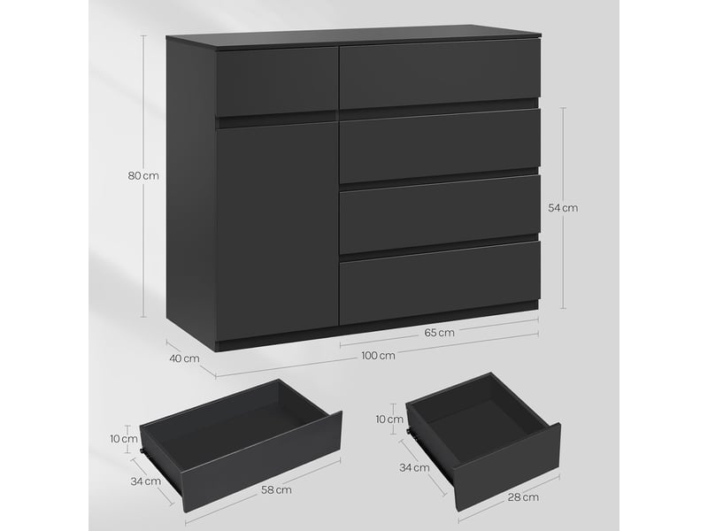 Commode chambre, avec 5 tiroirs et 1 placard , en bois d'ingénierie, 100x40x80 cm, noir  - Conforama C