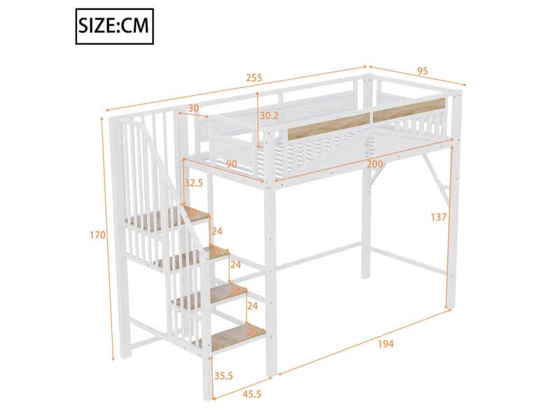  Lit mezzanine 90x200 cm avec échelle sécurisée et espace de rangement, coloris blanc  - Conforama C