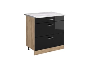 Vicco meuble cuisine, noir haute brillancechêne doré, 80cm avec 3 tiroirs plan de travail marbre