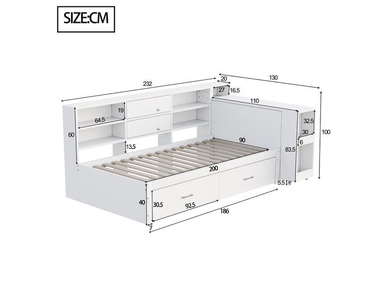  Lit simple multifonction 90x200cm 2 grands tiroirs bureau extensible 40 cm 2 usb + prise ronde bois blanc sans matelas  - Conforama C