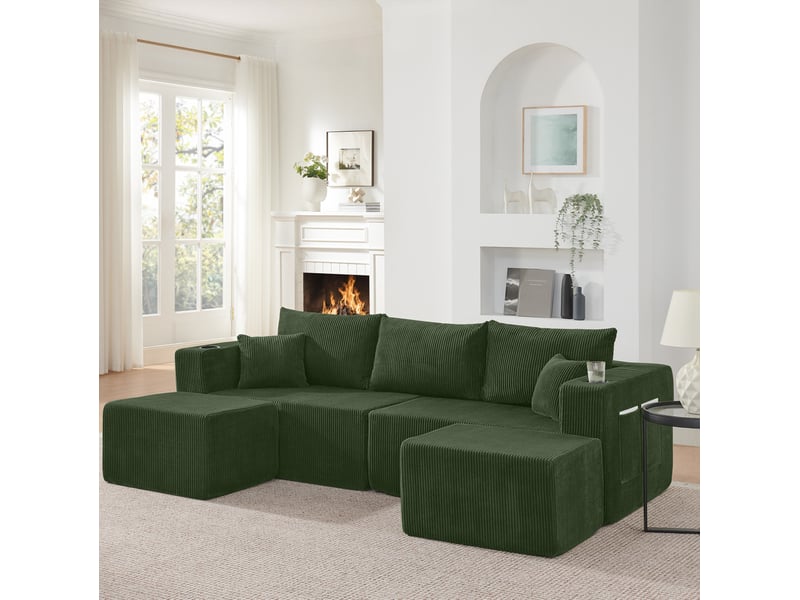  Canapé d'angle modulable 3 places en velours côtelé vert avec ottomans mobiles, porte-gobelets et rangements  - Conforama E
